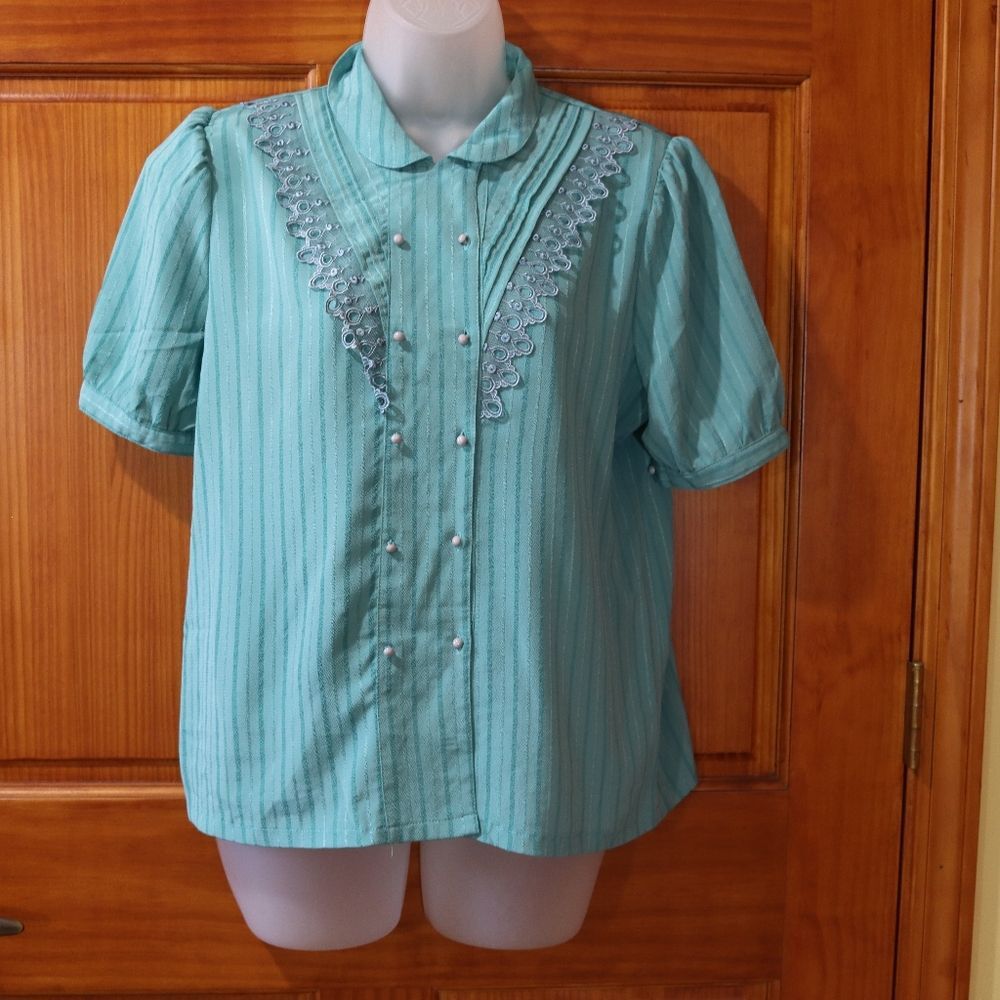 Evanna Vintage High Fashion Blouse Teal Blue Modest High Neckline Asian 9